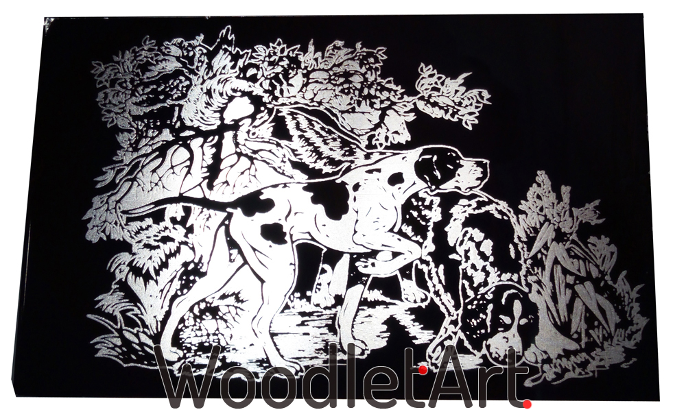 obraz psy na polowaniu szkło czarne grawerunek laserowy